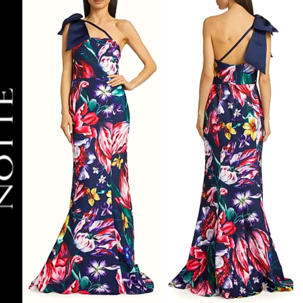 Marchesa Notte Florilegium One Bow Shoulder Floral Mikado Satin Gown sz 4 $895